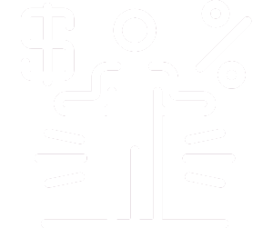 Clipart eines Männchens mit Dollar-Zeichen über der rechten und Prozenzzeichen über der linken Schulter